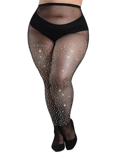 HeyUU Ultra Dichter Strass Netzstrumpfhose Glitzer Strumpfhose Damen Hohe Taille grosse grössen Schwarz L-XL von HeyUU