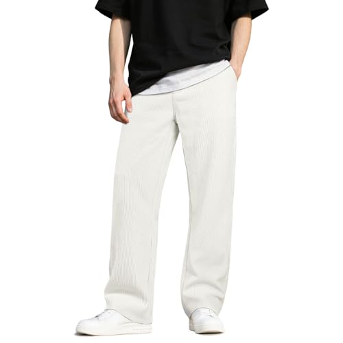 Heyfanee Stoffhose Herren Cordhose Sommer Chino Hosen Elegant Baggy Freizeithose Lang Komfortbund Wide Legs weiß 28W/30L von Heyfanee