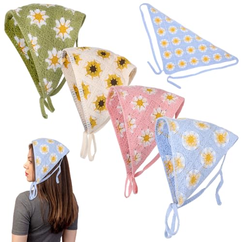 4 Stück gehäkelte Bandanas, Stirnbänder, niedliche Blumen, Haarbänder für Damen und Mädchen, Stirnband, Haarbänder, gestricktes Kopftuch, Zubehör für stilvolle Dekoration, Blumenhaar (Rosa, Grün, von Heygueo