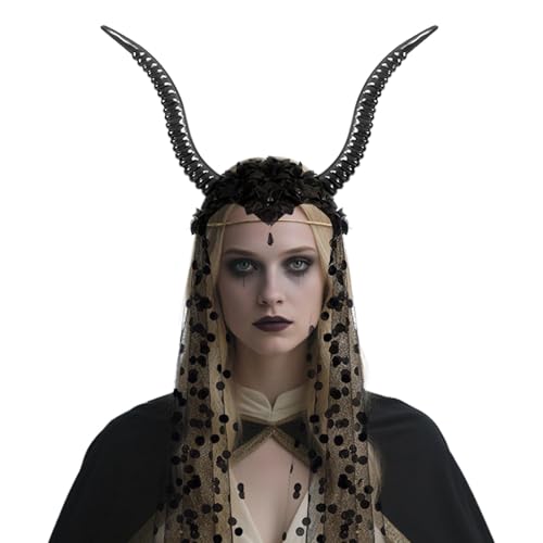 Heyigrow Böse Hörner Cosplay Stirnband Queen Decor Schwarz Haarband mit Schleier Gothic Requisiten Zubehör Geschenk für Halloween Maskerade Karneval von Heyigrow