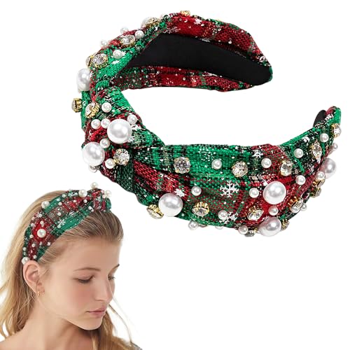 Weihnachts-Stirnband für Damen, weiße Perlen, Strass, Kristall, Perlen, geknotet, mit Schmucksteinen besetzt, breiter Knoten Weihnachts-Stirnband für Damen, weiße Perlen, Strass, Kristall, Perlen, geknotet, mit Schmucksteinen besetzt, breiter Knoten von Heyiminy