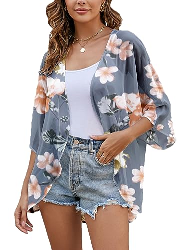 Heynino Damen Blumendruck lässig lose Strand Badeanzug Kimono Abdeckung bis Grau 2XL von Heynino