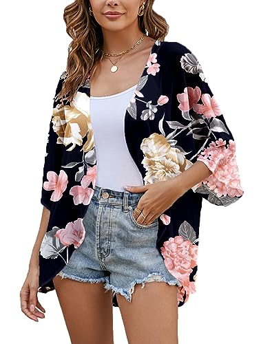 Heynino Damen Blumendruck lässig lose Strand Badeanzug Kimono Abdeckung bis Schwarz 2XL von Heynino