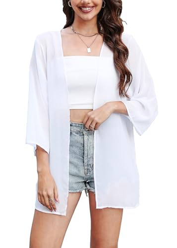 Heynino Damen Chiffon Kimono Open Front Jacke Bademode Strand Cover Up durchsichtige Blusen Weiß 2XL von Heynino