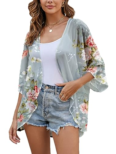 Heynino Damen Chiffon Kimono Strickjacke Florale Strand Schal Leichtes Loses Oberteil Grau M von Heynino