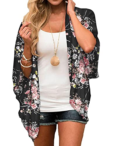 Heynino Damen Chiffon-Kimono-Strickjacken, vorne offen, Blumendruck, Strandumhang, durchscheinend, lose Bluse, Tops, A1 Schwarz, 50 Heynino Damen Chiffon-Kimono-Strickjacken, vorne offen, Blumendruck, Strandumhang, durchscheinend, lose Bluse, Tops, A1 Schwarz, 50 von Heynino
