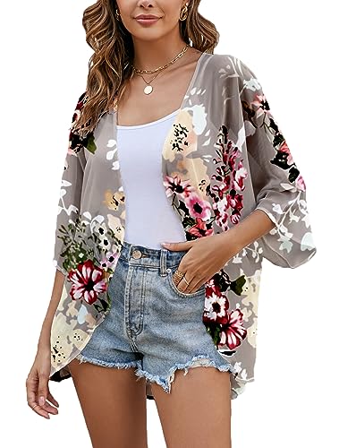 Heynino Damen Florale Chiffon Kimono Strickjacken 3/4 Hülse Strand Cover up Capes Schiere lose Bluse Tops Grau L von Heynino