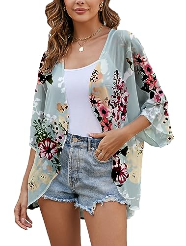Heynino Damen Florale Chiffon Kimono Strickjacken 3/4 Hülse Strand Cover up Capes Schiere lose Bluse Tops Grün L von Heynino