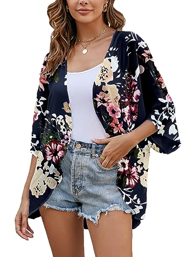 Heynino Damen Florale Chiffon Kimono Strickjacken 3/4 Hülse Strand Cover up Capes Schiere lose Bluse Tops Navy Blau M von Heynino