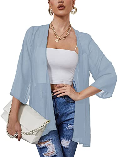 Heynino Damen durchsichtig Chiffon Casual Kimono Cover up Top Leichte Strandjacke Bluse Schal Blau-Grau M von Heynino