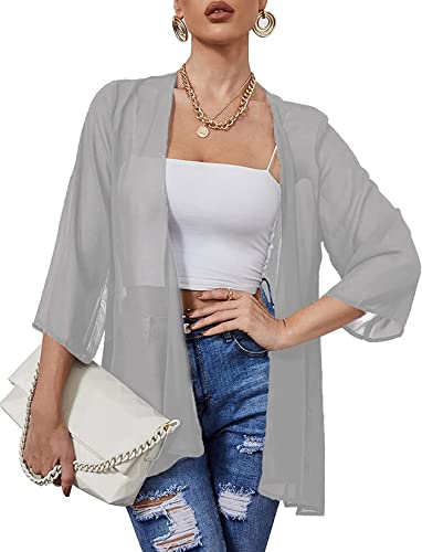 Heynino Damen durchsichtig Chiffon Casual Kimono Cover up Top Leichte Strandjacke Bluse Schal Grau S von Heynino