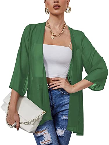 Heynino Damen durchsichtig Chiffon Casual Kimono Cover up Top Leichte Strandjacke Bluse Schal Grün 2XL von Heynino