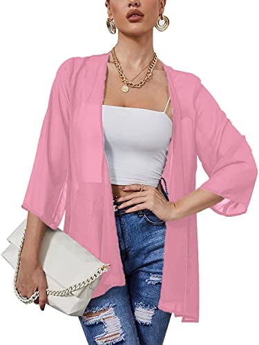 Heynino Damen durchsichtig Chiffon Casual Kimono Cover up Top Leichte Strandjacke Bluse Schal Rosa 3XL von Heynino