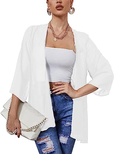 Heynino Damen durchsichtig Chiffon Casual Kimono Cover up Top Leichte Strandjacke Bluse Schal Weiß L von Heynino