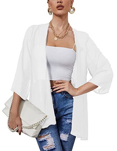 Heynino Damen durchsichtig Chiffon Casual Kimono Cover up Top Leichte Strandjacke Bluse Schal Weiß L von Heynino