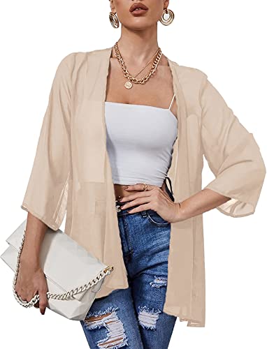 Heynino Damen solide Farbe lässig Kimono Strickjacke Pullover 3/4 Ärmel Strand Cover-up Jacke Khaki S von Heynino