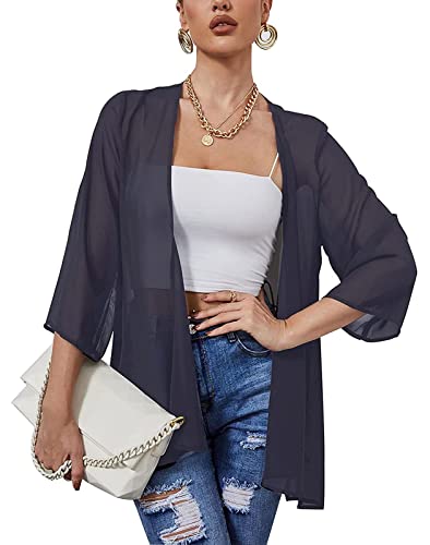 Heynino Damen solide Farbe lässig Kimono Strickjacke Pullover 3/4 Ärmel Strand Cover-up Jacke Navy Blau L Heynino Damen solide Farbe lässig Kimono Strickjacke Pullover 3/4 Ärmel Strand Cover-up Jacke Navy Blau L von Heynino