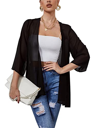 Heynino Damen solide Farbe lässig Kimono Strickjacke Pullover 3/4 Ärmel Strand Cover-up Jacke Schwarz S von Heynino