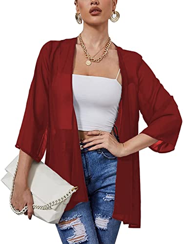Heynino Damen solide Farbe lässig Kimono Strickjacke Pullover 3/4 Ärmel Strand Cover-up Jacke Weinrot L von Heynino