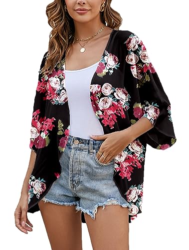 Heynino Damenmode Badeanzug Vertuschungen Halbarm Chiffon Tops Bluse Casual Lose Kimono Strickjacken Floraler M von Heynino