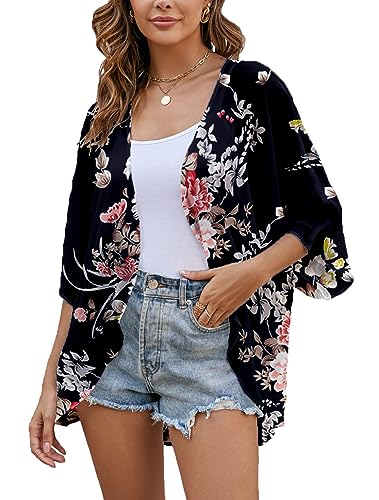 Heynino Durchsichtige Chiffon Kimono Strickjacken für Frauen leicht sommerlich floral Bluse Tops Schwarz 2XL von Heynino