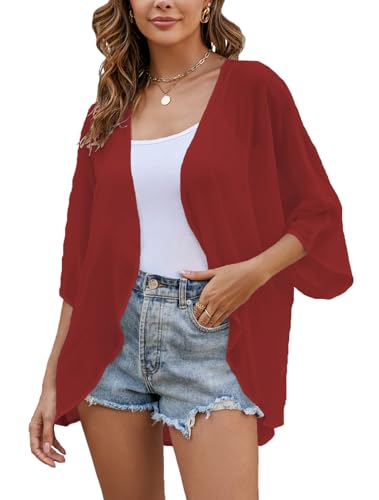 Sheer Chiffon leichte Kimono Strickjacken Solide Farben offener Vorderseite Durchsichtige Blusen Weinrot L von Heynino