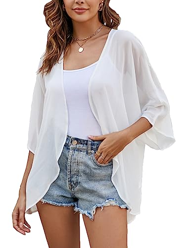 Sheer Chiffon leichte Kimono Strickjacken Solide Farben offener Vorderseite Kurze Cover ups Weiß 2XL von Heynino
