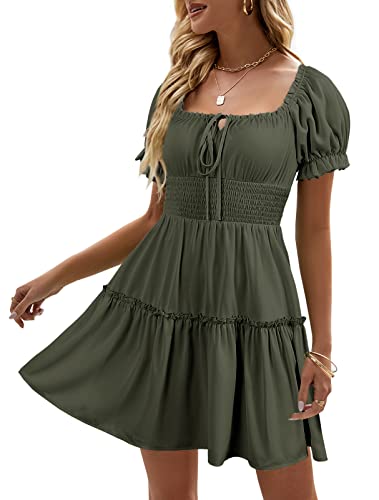 Heysolo Damen-Minikleid im Boho-Stil, Blumenmuster, gesmokt, quadratischer Ausschnitt, kurze Ärmel, Rüschen, Sommer, Strand, Z1 Armeegrün, Mittel von Heysolo