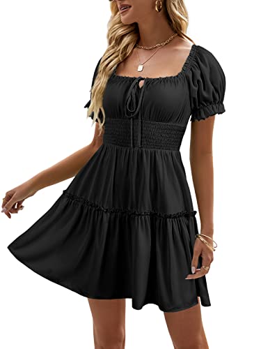 Heysolo Damen-Minikleid im Boho-Stil, Blumenmuster, gesmokt, quadratischer Ausschnitt, kurze Ärmel, Rüschen, Sommer, Strand, Z1 Schwarz, X-Groß von Heysolo