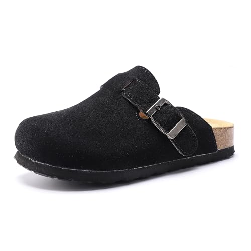 Hezeisoar Clogs Kinder Leder Pantoletten Mädchen Verstellbarer Schnalle Hausschuhe Jungen Kork Fußbett Pantoffeln rutschfeste Kartoffelschuhe Schwarz 28.5/29 EU = Etikett 190 von Hezeisoar