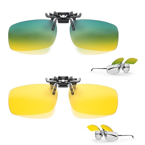 Hezhou 2 Stück Polarisierte Clip-on Nachtfahrbrille Night Driving Clip On Sonnenbrille Clip on Plarisiert Sonnenbrille Flip polarisiert gegen Licht für Nachts Fahren Unisex (Grün + Gelb) von Hezhou