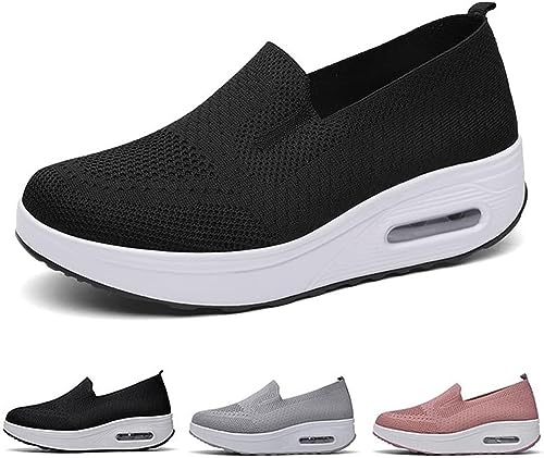 Orthopädische Damenschuhe Luftkissen-Wanderschuhe, Mesh Atmungsaktiv Sandals Air Cushion Slip On Walking Shoes Outdoor, Orthopädische Turnschuhe Für Damen Plateau(Color:Black,Size:35 EU) von Hfnnhl