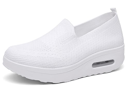 Orthopädische Damenschuhe Luftkissen-Wanderschuhe, Mesh Atmungsaktiv Sandals Air Cushion Slip On Walking Shoes Outdoor, Orthopädische Turnschuhe Für Damen Plateau(Color:White,Size:36 EU) von Hfnnhl