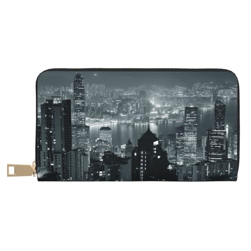 Hgbbdyyjj Aerial Night of View Hong Kong Premium Long Wallet für Damen und Herren - Geldbörse mit Reißverschluss aus PU-Leder mit 12 Kartenfächern und Münzfach von Hgbbdyyjj