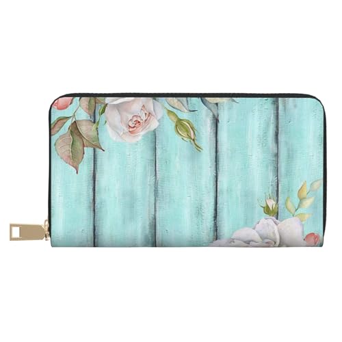 Hgbbdyyjj Blaugrün Scheunentür Floral Premium Lange Geldbörse für Damen und Herren - Reißverschluss Geldbörse aus PU-Leder mit 12 Kartenfächern und Münzfach von Hgbbdyyjj