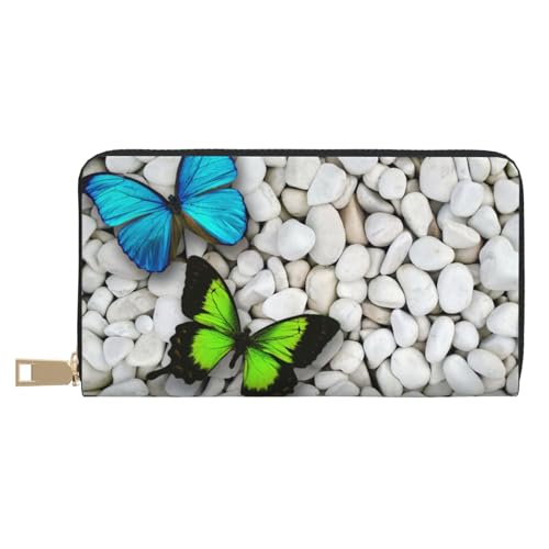 Hgbbdyyjj Blue Butterfly Green Butterfly and Stone Premium Long Wallet for Men and Women - Zip Wallet in Pu Leather with 12 Card Slots and Coin Pocket von Hgbbdyyjj