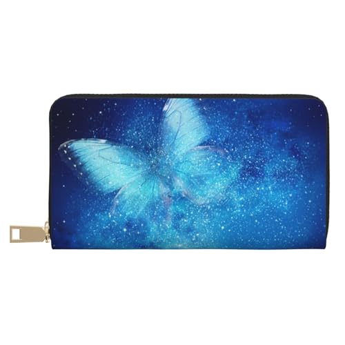 Hgbbdyyjj Blue Starry Butterfly Galaxy Premium Long Wallet für Damen und Herren - Geldbörse mit Reißverschluss aus PU-Leder mit 12 Kartenfächern und Münzfach von Hgbbdyyjj