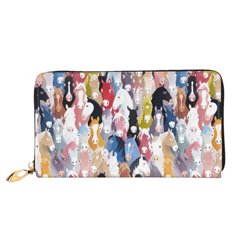 Hgbbdyyjj Bunte Cartoon-Pferde-Portemonnaie für Damen und Herren – Geldbörse mit Reißverschluss aus PU-Leder mit 12 Kartenfächern und Münzfach von Hgbbdyyjj