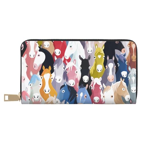 Hgbbdyyjj Bunte Cartoon-Pferde-Portemonnaie für Damen und Herren – Geldbörse mit Reißverschluss aus PU-Leder mit 12 Kartenfächern und Münzfach von Hgbbdyyjj