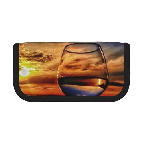 Hgbbdyyjj Extra großes Federmäppchen aus Segeltuch, Motiv: Sonnenuntergang, Weinglas, Doppelreißverschluss, Make-up- und Schreibwaren-Organizer-Tasche, Schwarz , Einheitsgröße, Taschen-Organizer von Hgbbdyyjj