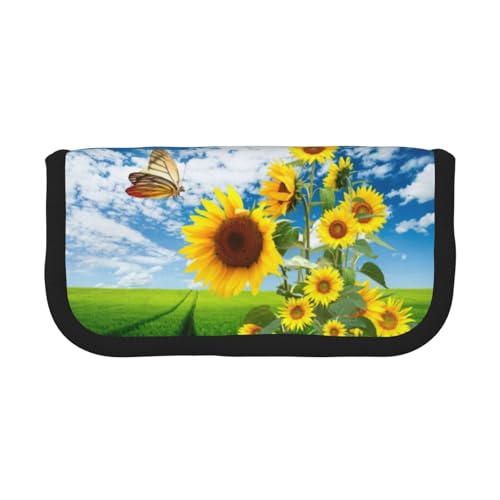 Hgbbdyyjj Extra großes Federmäppchen aus Segeltuch mit Sonnenblumen- und Schmetterlingsmotiv – Doppelreißverschluss, Make-up- und Schreibwaren-Organizer-Tasche, Schwarz , Einheitsgröße von Hgbbdyyjj