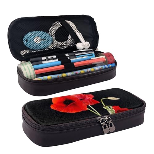 Hgbbdyyjj Federmäppchen mit roter Blume, großes Fassungsvermögen, multifunktional, Lederklappe, Kosmetiktasche, weich und schmutzabweisend, Schwarz , Einheitsgröße, Taschen-Organizer von Hgbbdyyjj