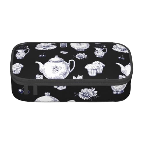 Hgbbdyyjj Handgezeichnete Teekannen und Tassen, personalisierbar, bedruckt, großes Fassungsvermögen, multifunktionales Schreibwaren-Federmäppchen, Schwarz , Einheitsgröße, Taschen-Organizer von Hgbbdyyjj