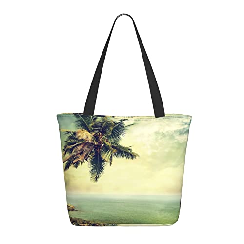 Hgbbdyyjj Palm Tree Rocky Shore Extra große Tragetasche mit Reißverschluss, strapazierfähiges Polyester, Einkaufs- und Strandtasche mit versteckter Tasche von Hgbbdyyjj