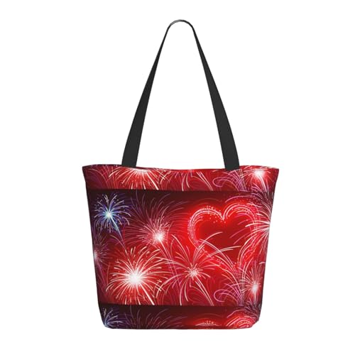Hgbbdyyjj Red Hearts Firework Extra große Tragetasche mit Reißverschluss, strapazierfähiges Polyester, Einkaufs- und Strandtasche mit versteckter Tasche von Hgbbdyyjj
