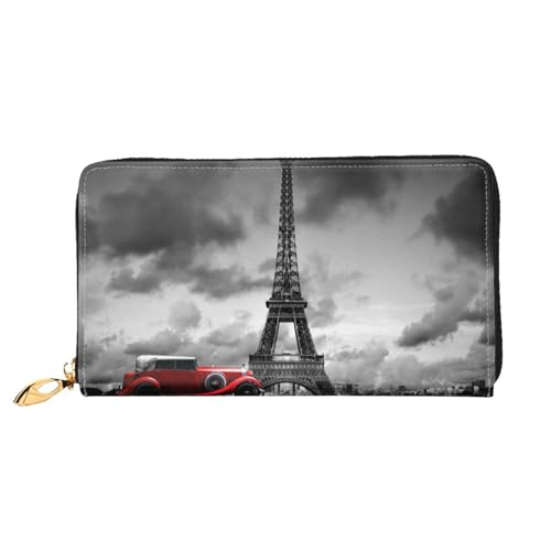 Hgbbdyyjj Rotes Auto vor dem Eiffelturm Premium Long Wallet für Damen und Herren - Geldbörse mit Reißverschluss aus PU-Leder mit 12 Kartenfächern und Münzfach von Hgbbdyyjj
