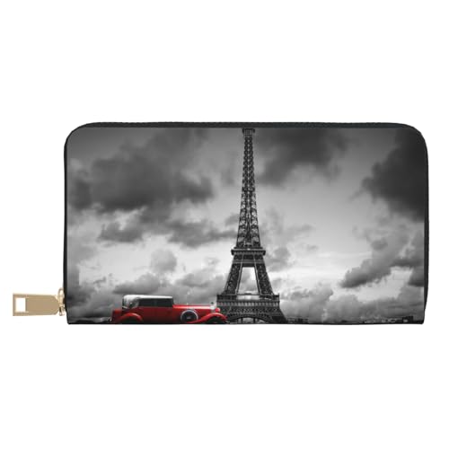 Hgbbdyyjj Rotes Auto vor dem Eiffelturm Premium Long Wallet für Damen und Herren - Geldbörse mit Reißverschluss aus PU-Leder mit 12 Kartenfächern und Münzfach von Hgbbdyyjj