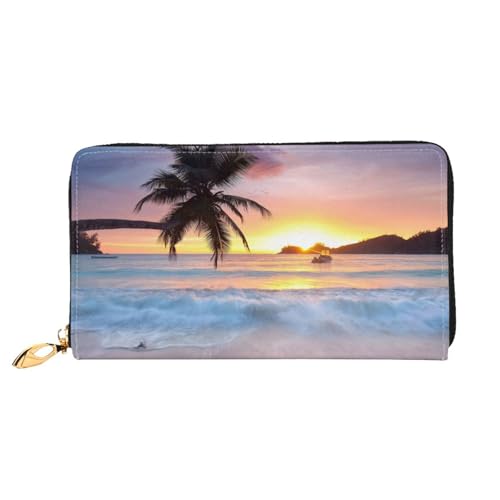 Hgbbdyyjj Sunrise Tropical Palm Tree Island Premium Long Wallet für Damen und Herren - Geldbörse mit Reißverschluss aus PU-Leder mit 12 Kartenfächern und Münzfach von Hgbbdyyjj