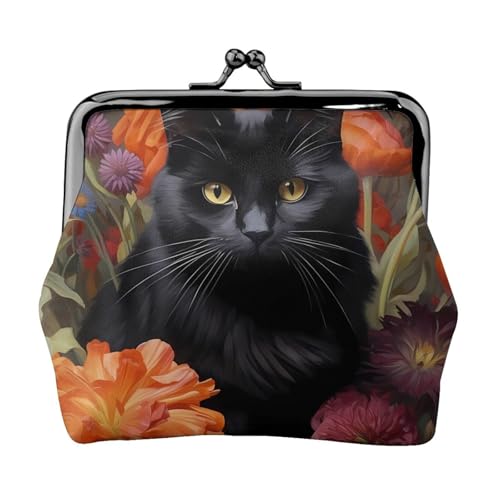 Schwarze Katze und Blume, personalisierbar, Unisex, bedruckte Münzgeldbörse – Premium-Mikrofaser-Leder-Geldbörse mit Schnappverschluss von Hgbbdyyjj