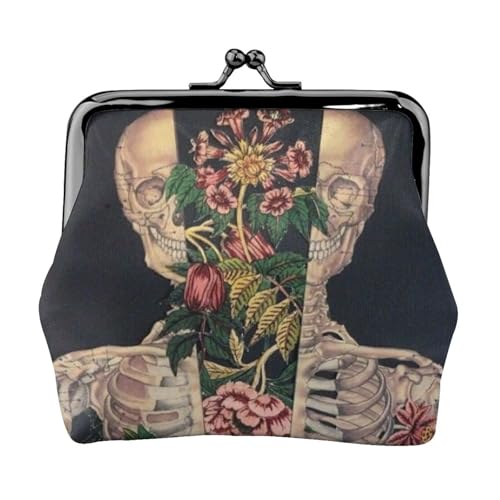 Skelett-Totenkopf mit Blume, personalisierbar, Unisex, bedruckte Münzgeldbörse – Premium-Mikrofaser-Leder-Geldbörse mit Schnappverschluss von Hgbbdyyjj